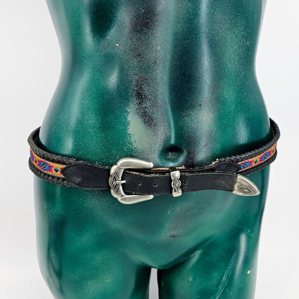 Vintage Women's Black Southwestern Leather Belt colorful silver buckle size M